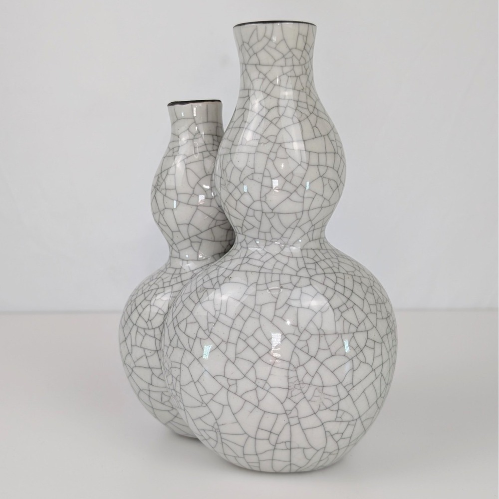 Vtg Crackle Double Gourd Vases White‎ Glaze Ceramic Asian Decor MMA WAQ 1994